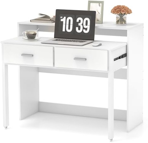 COSTWAY Extending Computer Desk, Wooden Study Writing Desk PC Laptop Table with 2 Storage Drawers, Home Office Workstation Console Table for Bedroom Living Room (White, 100 x 68 x 85 cm)