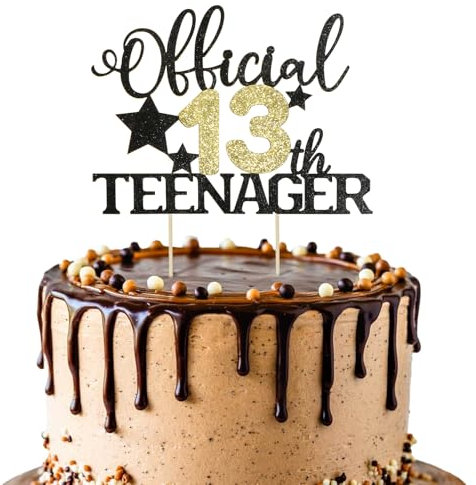 BOOMTOP Offiziell Teenager 13 Cake Topper 13 Geburtstag Jungen Mädchen Deko Glitzer Cupcake Toppers Official Teenager 13 Geburtstag Kuchen Dekoration 13 Jahre Geburtstagstorte Deko Gold Schwarz