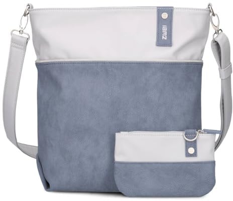 Zwei Damen Umhängetasche Jana J12 Crossbody Bag 9 L Handtasche Bicolor Canvas-Stil passender Kosmetikbeutel extra Schultergurt & Schlüsselband, Schultertasche DIN-A4 passend (nubuk-sky)