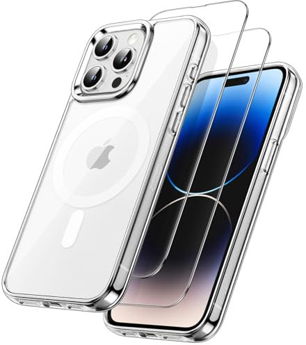 JETech 3 in 1 Cover Magnetica per iPhone 14 Pro 6,1 Pollici con Pacco da 2 Vetro Temperato Pellicola Protettiva, Compatibile con MagSafe, Antiurto Paraurti Cellulare Custodia (Trasparente)