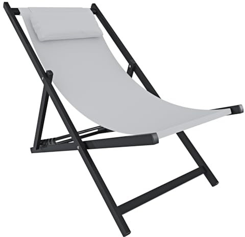 Sedia Sdraio Leggera Da Giardino Schienale Regolabile 5 Posizioni Pieghevole Ergonomica Con Cuscino Traspirante Struttura Nera In Alluminio Da Esterno Piscina Mare Portata Massima 160 Kg (Bianco)