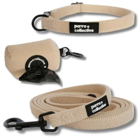perro collective Set mit Halsband, Leine und Kotbeutel für Hunde in Mittelbeige (Beige, M)