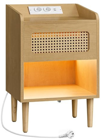 SONGMICS HOME BOHOVEN Kollektion - Nachttisch mit Ladestation, Beistelltisch mit Bewegungsensor, Couchtisch Rattan-Optik, Massivholzbeine, Schlafzimmer, Boho-Stil, eichenbeige LET617Y02V1