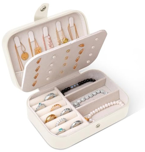 hoinya Jewellery Box, Small Jewellery Organiser Storage for Women Girls, PU Leather Travel Jewelry Case Gift Box for Ring Earrings Necklace Bracelet, White