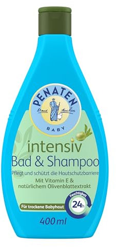 PENATEN Intensiv Bad & Shampoo (400 ml), besonders mildes Baby Bad & Baby Shampoo mit Vitamin E & natürlichem Olivenblattextrakt, sanftes Baby Duschgel & Baby Haarshampoo für trockene Babyhaut