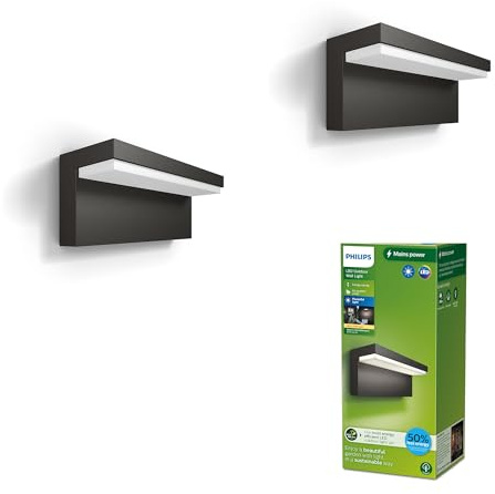 PHILIPS LED Bustan ultra effiziente Außenwandleuchte 3.8W, 2700K warmweißes Licht, Anthrazit, IP44 wetterfest, Doppelpack