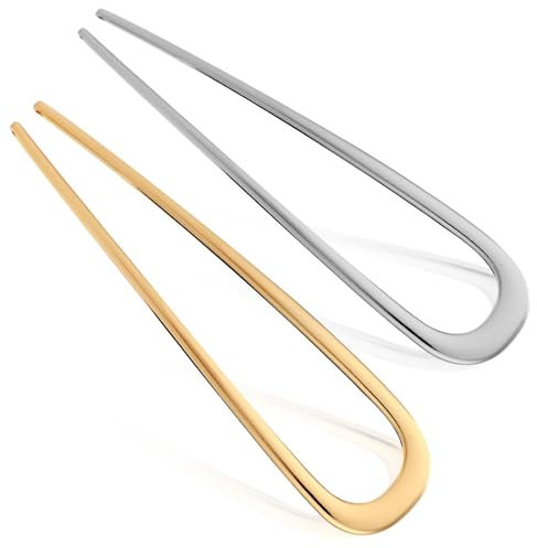 2pcs Metal French Hair Pins for Thick Hair, U-Shaped Hair Pins Metal French Twist Hair Pin Fork for Women Girls Hair Types Styling Accessories (1 Gold & 1 Silver)