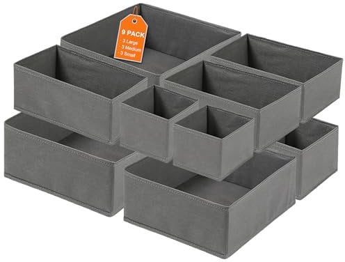 VAKOWOO 9 Pack Drawer Organisers for Clothes, Underwear Drawer Divider, Dresser Organizer Bins, Foldable Fabric Storage Box for Socks Bras Ties Scarves, Wardrobe Closet Storage Cubes - Grey