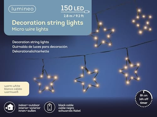 Lumineo Stern-Lichterkette klassisch warm - 150 LEDs - 2,8 Meter - schwarzes Kabel - Indoor & Outdoor - Timer - IP44 Schutz - Batteriebetrieben