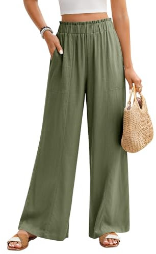 PASUDA Womens Linen Trousers Elasticated High Waisted Palazzo Pants for Women Casual Wide Leg Trousers with Pockets Ladies Elegant Summer Pants Loose Lounge Flowy (Green, XL)