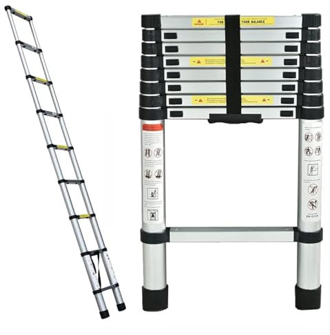 Teleskopleiter, 2,6 m, Aluminium, leicht, mit Verriegelungsmechanismus und rutschfesten Füßen, Mehrzweck-Klappleiter, 150 kg Kapazität