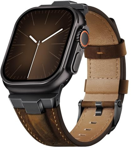 Suitisbest Genuine Leather Band Compatible for Apple Watch Ultra 2 Straps 49mm 46mm 45mm 44mm 42mm, Rugged Metal Connector Strap for Women Men iWatch SE Ultra 10 9 8 7 6 5 4 3 2 1