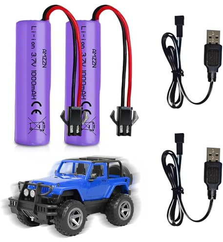 NAVESO 2Pcs Batteria Agli Ioni di Litio da 3,7V 1000mAh, 14-500 3.7V Rechargeable Lithium Battery con 2 Caricabatterie USB Spina SM-2P per Veicoli Rc, Barca, Carro Armato, Nave, Robot, Auto Acrobatica