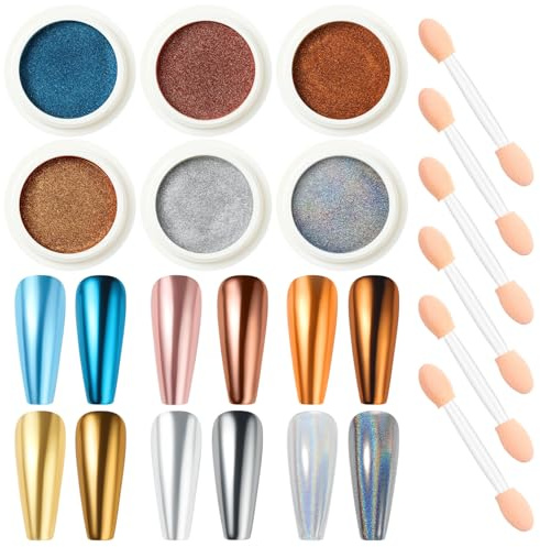 Nicedeco Chrome Nail Powder for Gel Nails, 6 Colors Metallic Mirror Effect Pigment Nail Glitter Manicure for Nail Art Design