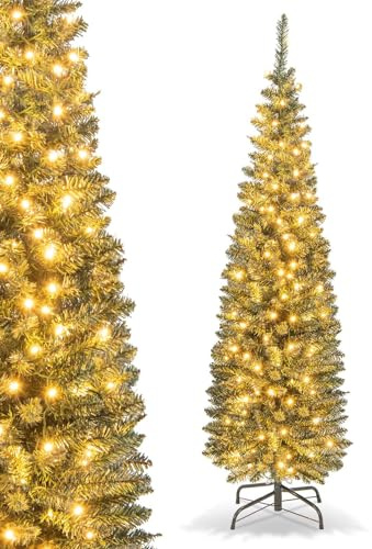 GYMAX 5FT/6FT Pre-Lit Artificial Christmas Tree, Slim Pencil Xmas Tree with 150/180 LED Lights, 320/420 Branch Tips and Metal Stand, Xmas Decor Tree for Home Office Party (5 FT)