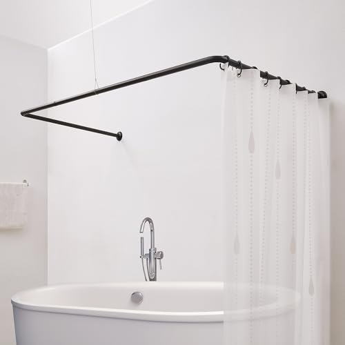 Crkmire Duschvorhangstange U Form Duschstange 88x176x88 cm | Eckduschstange aus Stahl, Matt Schwarz | Inkl. Deckenstütze & 12 Haken | Montageset
