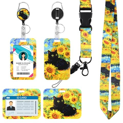 Ausweishülle mit Band – Kartenhülle mit Band & Ausweishalter Ausziehbar, Lanyard mit Kartenhülle für Büro, Schule, Events – Robust, Sicherer Kartenhalt, Bequem Tragbar (Sonnenblumenkatze)