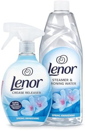 Lenor SPRING AWAKENING Duo – 1L Steamer & IRONING Water + 500ml CREASE RELEASE Spray | Limescale Protection for Irons & Steamers, Instant Wrinkle Remover & Long-Lasting Fresh Scent Bundle