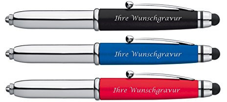 3x LED Touchpen Kugelschreiber mit Gravur / Farbe: je 1x silber-schwarz,rot,blau