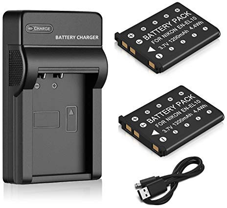 Venwo EN-EL10 Battery and USB Charger for Nikon Coolpix S60/S80/S200/S210/S220/S230/S500/S510/S520/S570/S600/S700/S3000/S4000 - 1200mAh, 3.7V, 4.2V Output, Black