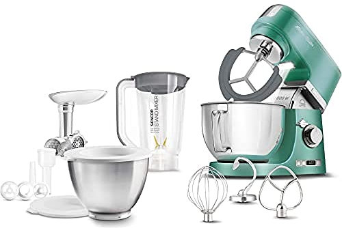 Sencor Robot Pâtissier multifonctions, Robot de Cuisine Robust full metal, Moteur 1000W Surpuissant, avec Éclairage Led, fonction Smart Power & Energy avec Kit Accessoires complets - Vert