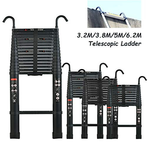 Telescopic Ladder with Hook Aluminium Extension Stepladder Black Lightweight Multi-Purpose for Home Office Attic Loft Roof Works 150kg Max Laod 20FT