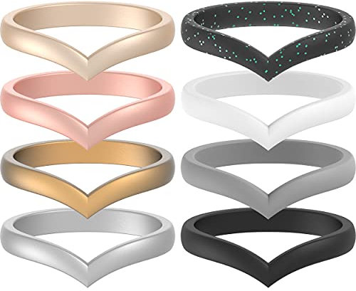 ThunderFit Silicone Wedding Bands for Women, Thin Stackable Heart Shaped - 2.7mm Width - 2mm Thick (Black, BlackGlitter, Grey, White, LightRoseGold,Rose Gold, Bronze, Silver - Size 7.5-8 (18.2mm))
