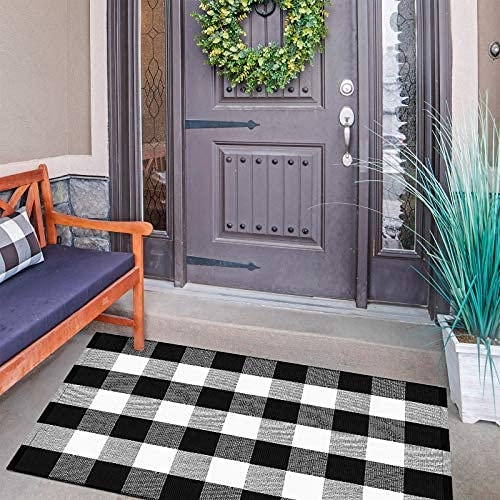 Schwarz und Weiß Buffalo Plaid Teppich Baumwolle Buffalo Check Teppich Outdoor Indoor Vordere Veranda Check Fußmatte Waschbare Gewebte Veranda Dekor für Tür Eingang Küche, 27,5 x 43 Zoll