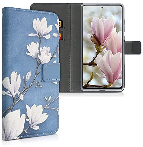 kwmobile Wallet Case kompatibel mit Samsung Galaxy S20 FE Hülle - Cover mit Ständer und Kartenfächern - Magnolien Taupe Weiß Blaugrau