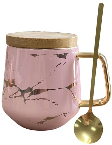 Eplze YBK Tech Porcelain Tea Cup Coffee Mug Set for Afternoon Tea - Marble Pattern (Pink, Tall 400ml + Wood lid)