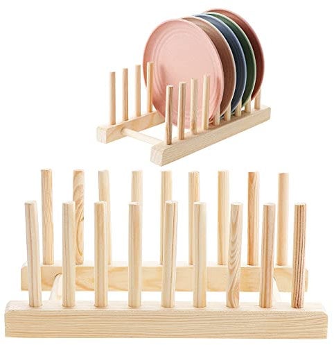 Kinsinder 2 Pcs Égoutoire Vaisselle Bambou, Support en Bambou pour Assiettes, Rangement Cuisine Egouttoir pour Bol de Rangement, Vaisselle, Tasses, CD, Livre (8 Fentes)