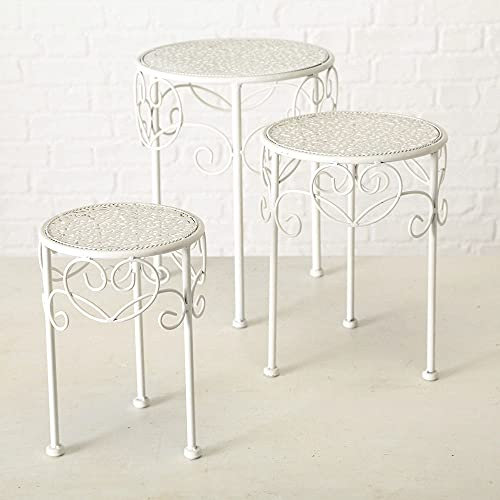 Vintage Pflanztisch Lilli aus Metall 3er Set - weiß - Blumenhocker 40/34 / 27 cm mit Ornamenten - Shabby Chic Deko Beistelltisch Pflanzen Ständer Blumen Tisch