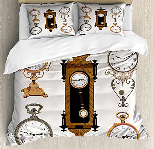 ABAKUHAUS Uhr Bettbezug Set für Einzelbetten, Antike Uhren Muster, Milbensicher Allergiker geeignet mit Kissenbezug, 130 x 200 cm - 70 x 50 cm, Umber und Beige