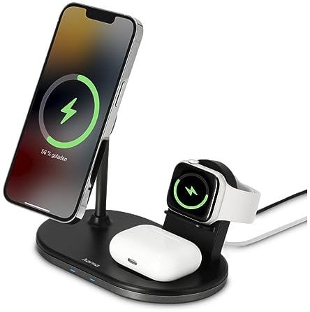 Hama Wireless Charger „MagCharge“ für Apple iPhone, Apple AirPod, Apple Watch (induktive Ladestation mit Quick Charge 15 W, magnetisches, kabelloses Ladegerät für Apple MagSafe und Hama MagLine)