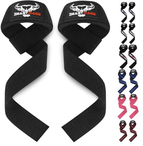 BEAST RAGE - straps palestra Cinghie per sollevamento pesi Imbottite, Supporto per i polsi, Cinghie per Fitness e Palestra, con presa flessibile gel Fasce Polsi Accessori Powerlifting (Nero)