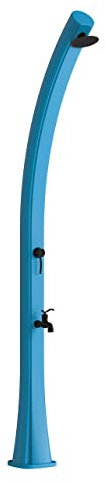 Starmatrix Rio Solarheizung Dusche Gebogen Polyethylen Tank 25L mit blauem Fußwaschbecken Runder Duschkopf Tank 25 Liter mit Fußwaschbecken Zubehör und Messinghähne
