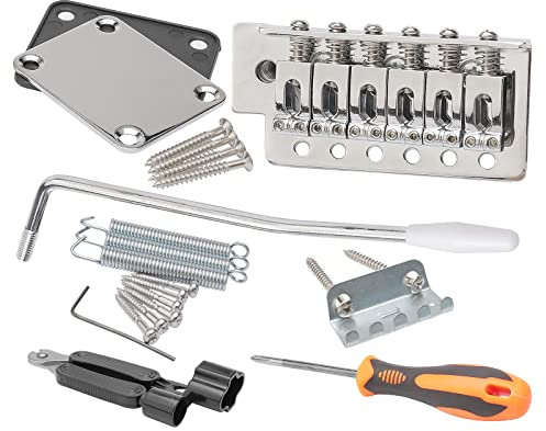 Unxuey Electric Guitar Tremolo Bridge Bar Kit, 6 Strings Bridge Tremolo System Set with Neck Plate Reinforce Board for Fender Strat Guitar Replacement, Chrome