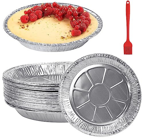 wynott 30Pcs Round Foil Trays 9 Inch Foil Plate Aluminum Foil Pie Pans Tin Foil Dishes Foil Flan Cases Aluminium Foil Container with Pastry Brush for Air Fryers Baking Cooking Roasting