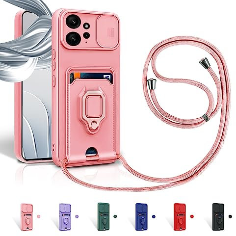 Aithne Case für Xiaomi Redmi Note 12 4G Handykette Hüll,Slide kameraschutz,Silikon Handyhülle zum Umhängen Kette,360 Grad Ringhalter Stand Kartenfach-Pink