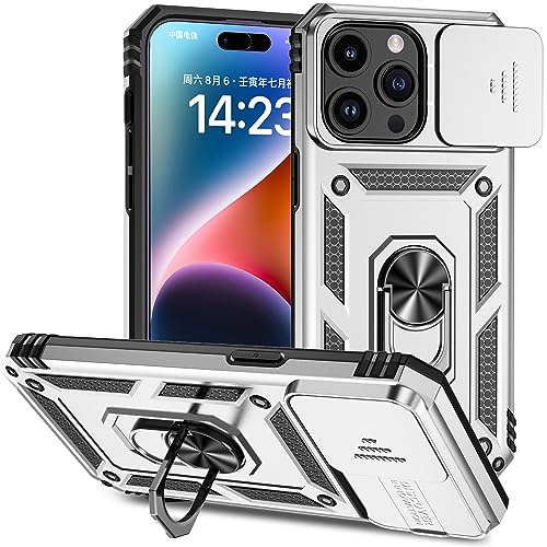 Hitaoyou Phone Case for iPhone 15 Pro Max, iPhone 15 Pro Max Case with Camera Cover & Kickstand Military Grade Shockproof Heavy Duty Protective with Magnetic Car Mount Holder Cover Silver