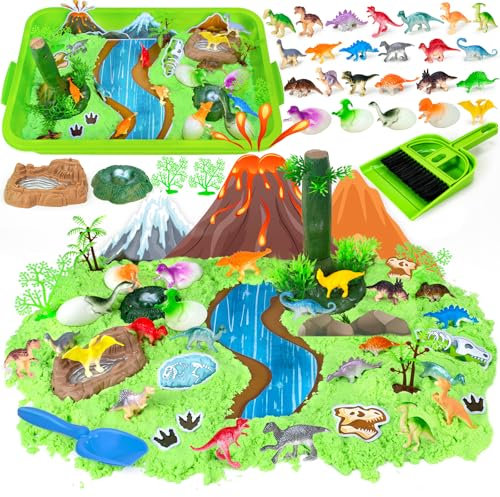 Dinosaurs Sandbox Playset - Dinosaurs Park Playset, Sensory Toys for Kids , 24 pcs Little Dinosaurs Sandbox with Lid & Sand Castle Molds Tools for Boys Girls Age 3 4 5 6 7 8 Xmas Gifts (Dinosaur)