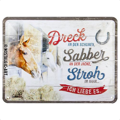 Nostalgic-Art Retro Blechschild, 15 x 20 cm, Dreck, Sabber, Stroh – Pferde – Geschenk-Idee für Pferde-Besitzer, aus Metall, Vintage Design, Blechschilder Sprüche