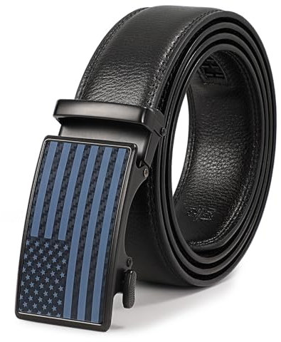 SANSTHS Herrengürtel aus Leder mit Ratsche und verstellbarer Schnalle in Geschenkbox, Flaggenschnalle/Schwarz, 36-44 Wasit Adjustable