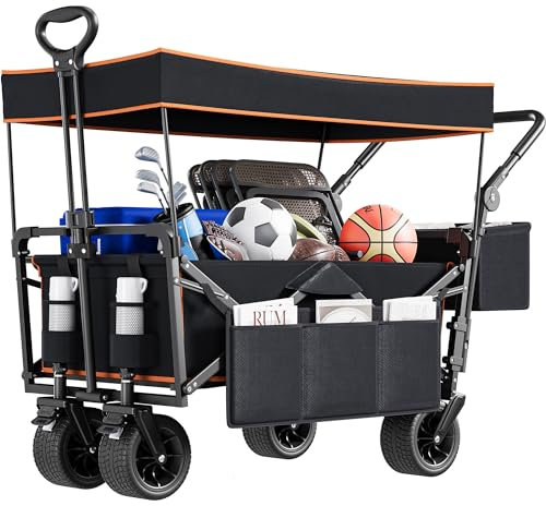 YITAHOME Beach Trolley with Handle Overhead Canopy Cart Push Pull, Folding Wagon with 2 Drink Holders, Large Capacity 220 lbs, Camping Trolley Oversized Wheels for Outdoor Garden Picnics (Black)