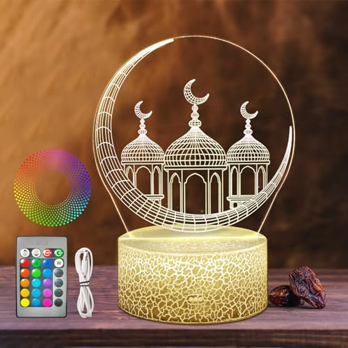 Ramadan Dekoration Lichter, Eid Mubarak Licht Mondlampe, Ramadan Deko Lampe Mond und Stern, Ramadan Mubarak Dekoration, Nachttischlampe Kabellos Touch LED Lamp Dimmbar 3D mit Fernbedienung (A Palast)