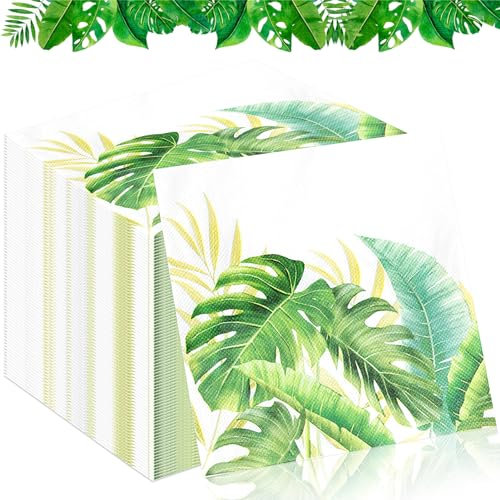 TOPJOWGA Serviette Papierserviette, 100 Stücke Tropische Blätter Servietten, Servietten Grüne Dschungelblätter, Hawaii Sommerparty Servietten Tischdekoration für Party Dekoration, 33x33cm