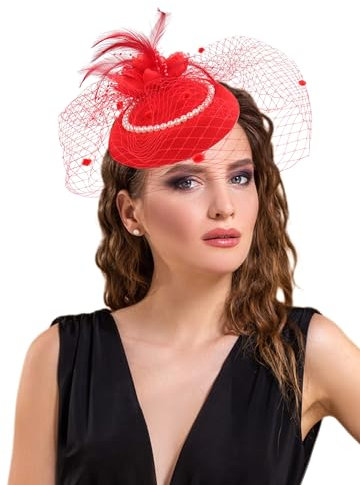 Focupaja Fascinator Hüte Damen Pillbox Hut mit Mesh Schleier Federn Derby Stirnband Hochzeit Kopfbedeckung Tea Party Haarspange 1950er Vintage Fascinator W4-27-Rot