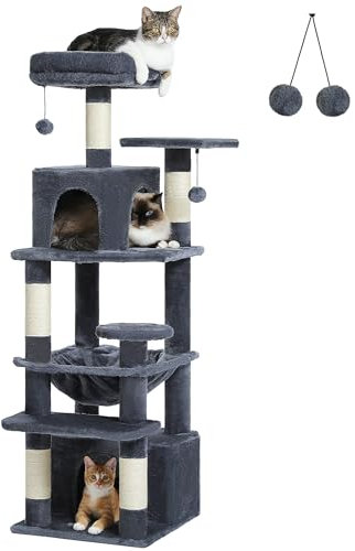 PAWZ Road Kratzbaum, 136 cm hoher Katzenturm mit geräumigen Hängematten, Eigentumswohnungen und Kratzbäumen, Katzenhaus mit Zwei gepolsterten Sitzstangen für große Katzen im Innenbereich – Dunkelgrau