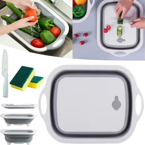 Multi-Function Folding Cutting Board, Collapsible Cutting Board, 4 in 1 Folding Cutting Board for Home Kitchen, Picnic, BBQ Prep and Camping, No Smell, No Cracking and No Deformation (1Pcs-Grey)