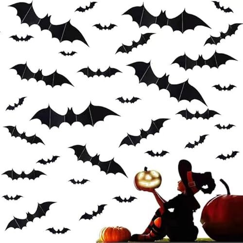 120 Stück Fledermäuse Wanddekoration Halloween Dekoration Fledermaus 3D Fledermaus Aufkleber Wasserdichte schwarze Fledermäuse in 4 Größen für Raumdekoration (Halloween Fledermaus Schwarz)